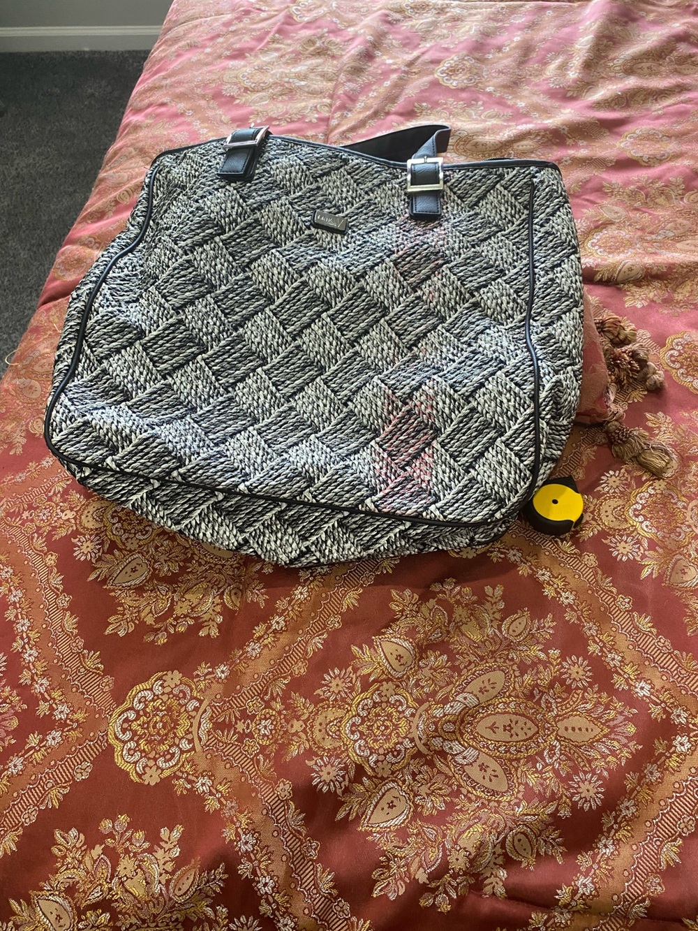 Black & White Woven Tote Bag with Top Handles - Picture 3 of 10